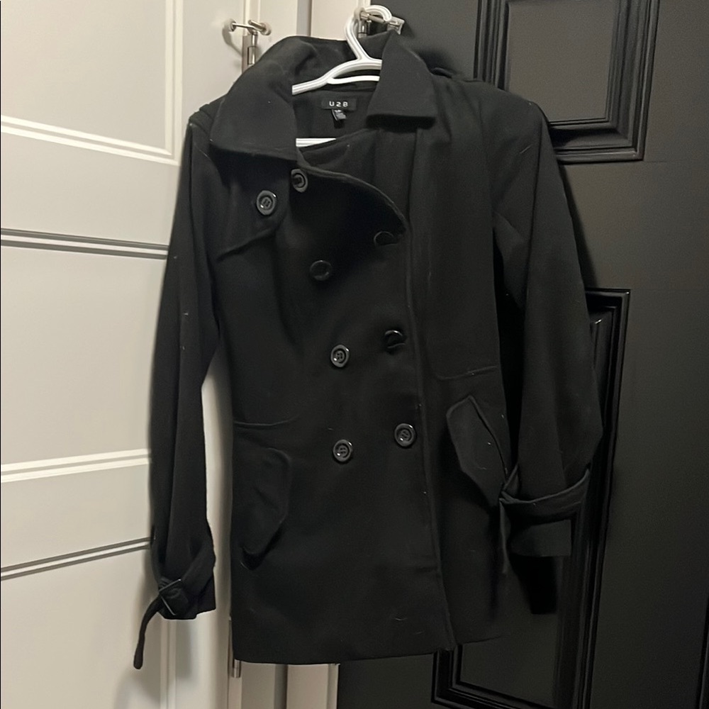 Womens Black Double-Breasted Coat